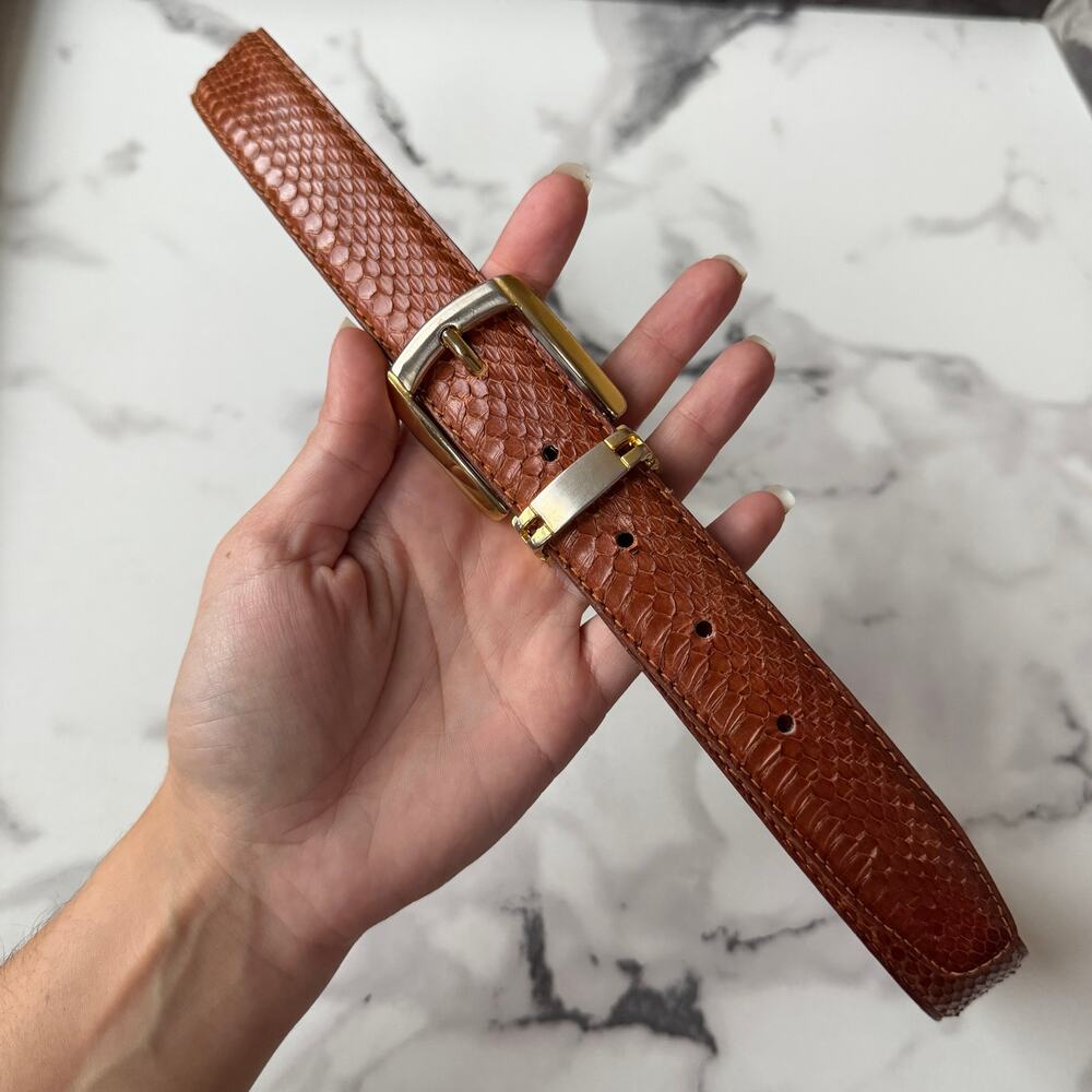 Brown Genuine Snakeskin Leather Belt Gold Buckle